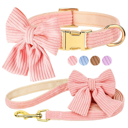 Cute Pink Dog Collar Leash Set With Bowtie Adjustable