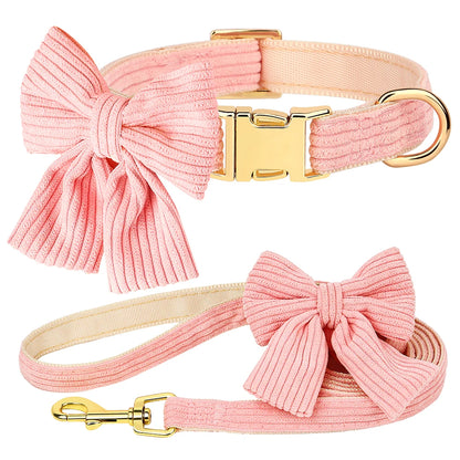 Cute Pink Dog Collar Leash Set With Bowtie Adjustable